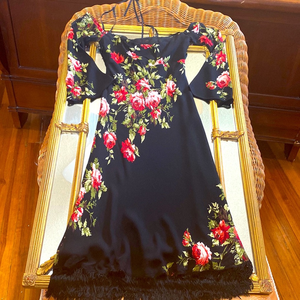 Frieda Khalo inspired 100% Silk floral off the shoulder 3/4 bell sleeve dress